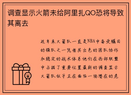 调查显示火箭未给阿里扎QO恐将导致其离去